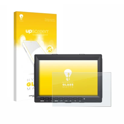 Vorderseite einer Produktverpackung mit dem Markenlogo upscreen. Daneben ist das Gerät Feelworld FW759 7" mit dem zugehörigen 