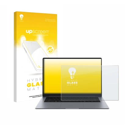 Vorderseite einer Produktverpackung mit dem Markenlogo upscreen. Daneben ist das Gerät Samsung Galaxy Book6 16" mit dem zugehö