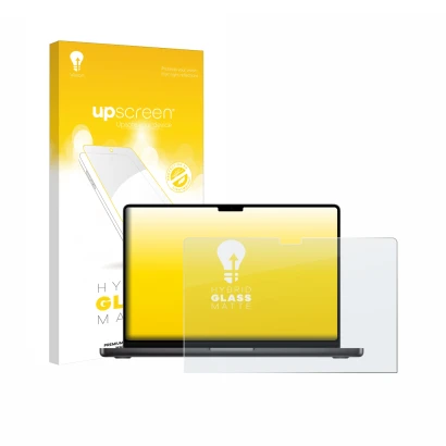 Vorderseite einer Produktverpackung mit dem Markenlogo upscreen. Daneben ist das Gerät Apple MacBook Pro 16" M5 2026 mit dem z