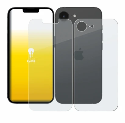 Abbildung des Geräts Apple iPhone 17e (Display+Rückseite) mit einer Vielzahl des Displayschutzes.