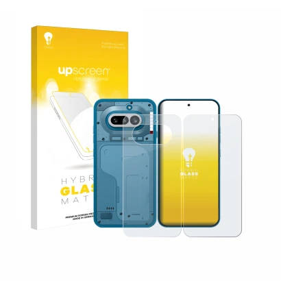 Vorderseite einer Produktverpackung mit dem Markenlogo upscreen. Daneben ist das Gerät Nothing Phone (4a) (Display+Rückseite) 