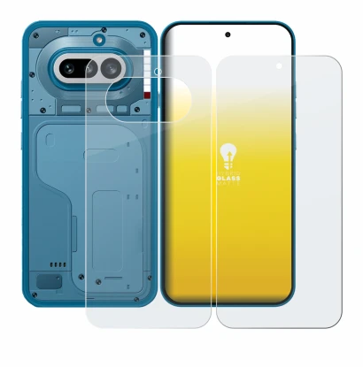 Abbildung des Geräts Nothing Phone (4a) (Display+Rückseite) mit einer Vielzahl des Displayschutzes.