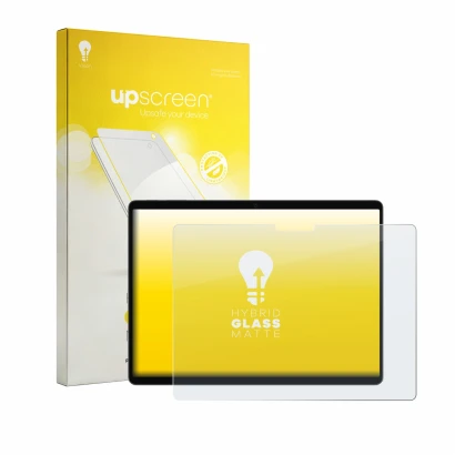 Vorderseite einer Produktverpackung mit dem Markenlogo upscreen. Daneben ist das Gerät Microsoft Surface Pro 13 2026 mit dem z