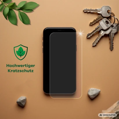 Gerät mit Schutzfolie, daneben Schlüssel, Steine, Blätter und Text „Hochwertiger Kratzschutz“ 