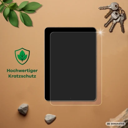 Gerät mit Schutzfolie, daneben Schlüssel, Steine, Blätter und Text „Hochwertiger Kratzschutz“ 