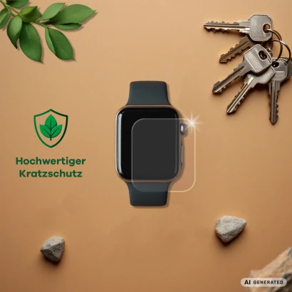 Gerät mit Schutzfolie, daneben Schlüssel, Steine, Blätter und Text „Hochwertiger Kratzschutz“ 