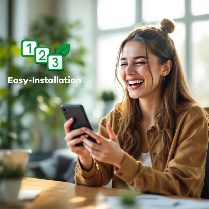 Junge Frau lacht mit Smartphone in der Hand; daneben "Easy-Installation" mit Symbol „1 2 3“ und Blatt.
