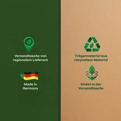 Schriftzüge die folgende Informationen beinhalten: Regionale Lieferanten, "Made in Germany" recycelte Materialien und umweltfr
