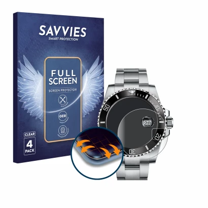 Vorderseite einer Produktverpackung mit dem Markenlogo Savvies. Daneben ist das Gerät Rolex Submariner (Date) mit dem zugehöri