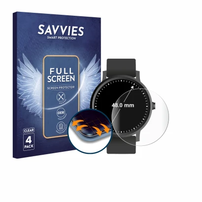 Vorderseite einer Produktverpackung mit dem Markenlogo Savvies. Daneben ist das Gerät Armbanduhren (Kreisrund, ø: 48 mm) mit d