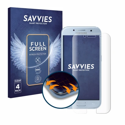 Vorderseite einer Produktverpackung mit dem Markenlogo Savvies. Daneben ist das Gerät Samsung Galaxy A5 2017 mit dem zugehörig