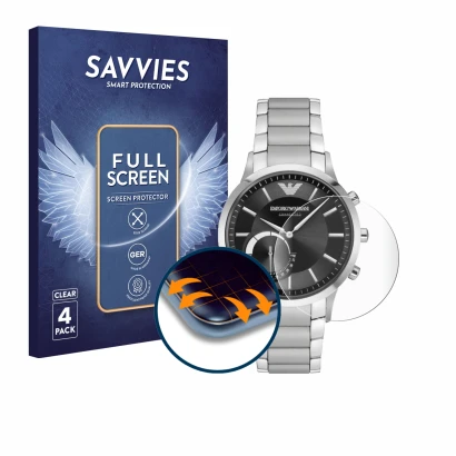 Vorderseite einer Produktverpackung mit dem Markenlogo Savvies. Daneben ist das Gerät Emporio Armani Connected Smartwatch Hybr