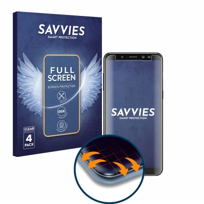 Vorderseite einer Produktverpackung mit dem Markenlogo Savvies. Daneben ist das Gerät Samsung Galaxy A8 2018 mit dem zugehörig