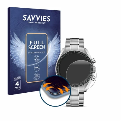 Vorderseite einer Produktverpackung mit dem Markenlogo Savvies. Daneben ist das Gerät Omega Speedmaster Moonwatch Professional