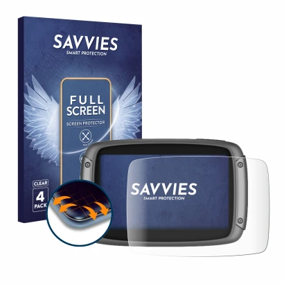 Vorderseite einer Produktverpackung mit dem Markenlogo Savvies. Daneben ist das Gerät TomTom Rider 550 mit dem zugehörigen Dis