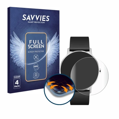 Vorderseite einer Produktverpackung mit dem Markenlogo Savvies. Daneben ist das Gerät Withings Steel HR (36 mm) mit dem zugehö