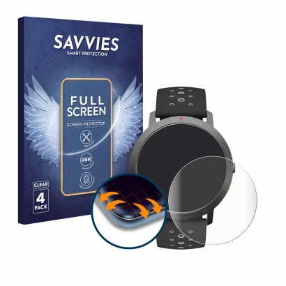 Vorderseite einer Produktverpackung mit dem Markenlogo Savvies. Daneben ist das Gerät Withings Steel HR Sport (40 mm) mit dem