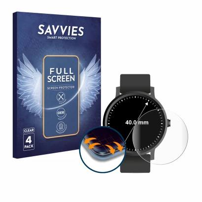 Vorderseite einer Produktverpackung mit dem Markenlogo Savvies. Daneben ist das Gerät Kreisrunde Displays (ø: 40 mm) mit dem z