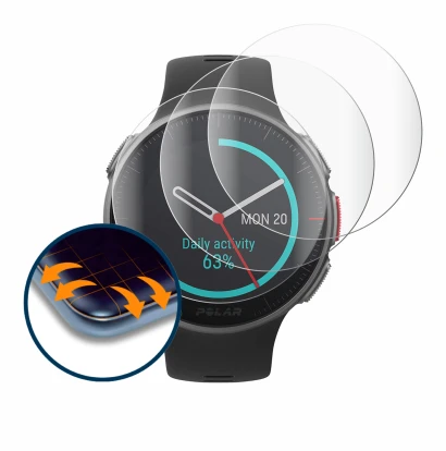 Abbildung des Geräts Polar Vantage V Titan mit einer Vielzahl des Displayschutzes.