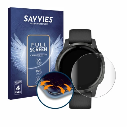 Vorderseite einer Produktverpackung mit dem Markenlogo Savvies. Daneben ist das Gerät Garmin vivoactive 4s (40 mm) mit dem zug