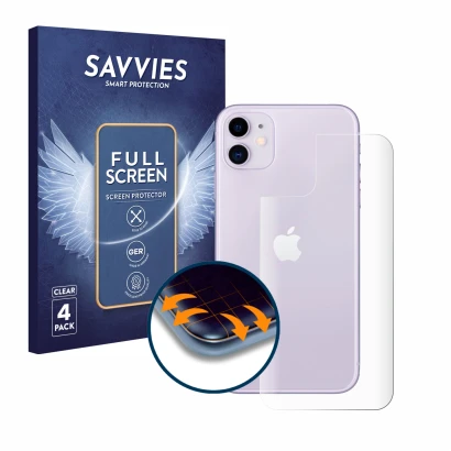 Vorderseite einer Produktverpackung mit dem Markenlogo Savvies. Daneben ist das Gerät Apple iPhone 11 (Rückseite) mit dem zuge