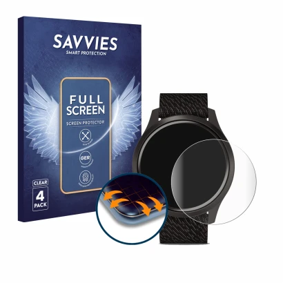 Vorderseite einer Produktverpackung mit dem Markenlogo Savvies. Daneben ist das Gerät Garmin vivomove Style (42 mm) mit dem zu