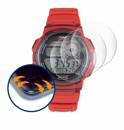 Abbildung des Geräts Casio AE-1000W mit einer Vielzahl des Displayschutzes.