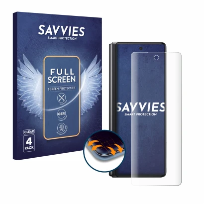 Vorderseite einer Produktverpackung mit dem Markenlogo Savvies. Daneben ist das Gerät Samsung Galaxy Z Fold 2 5G mit dem zugeh