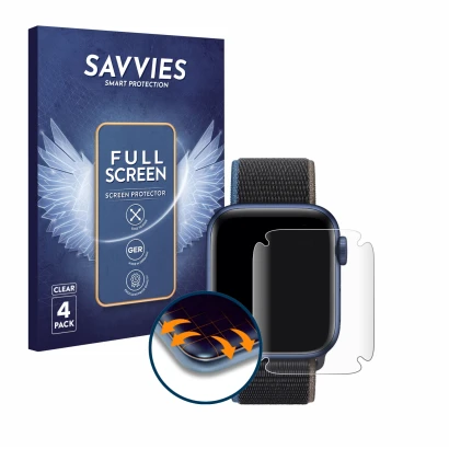 Vorderseite einer Produktverpackung mit dem Markenlogo Savvies. Daneben ist das Gerät Apple Watch Series 6 (44 mm) mit dem zug