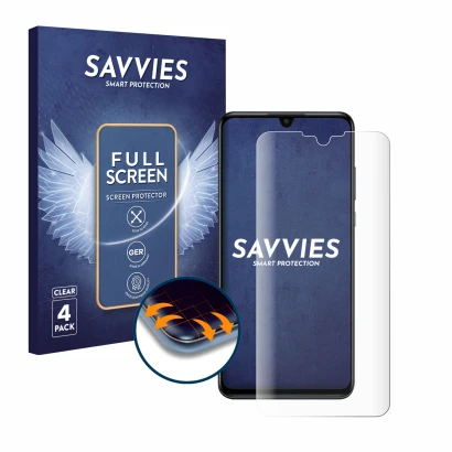 Vorderseite einer Produktverpackung mit dem Markenlogo Savvies. Daneben ist das Gerät Huawei P30 lite New Edition mit dem zuge
