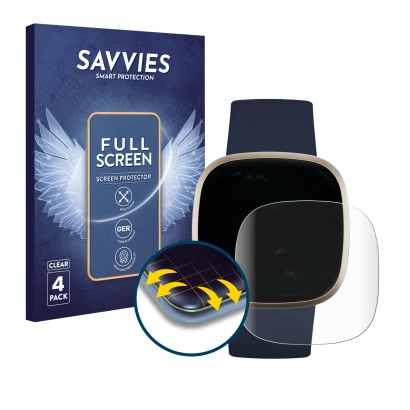 Vorderseite einer Produktverpackung mit dem Markenlogo Savvies. Daneben ist das Gerät Fitbit Versa 3 mit dem zugehörigen Displ