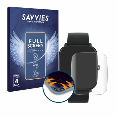 Vorderseite einer Produktverpackung mit dem Markenlogo Savvies. Daneben ist das Gerät Huami Amazfit Bip U mit dem zugehörigen 