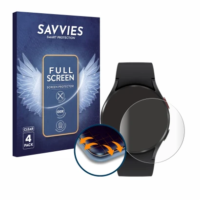 Vorderseite einer Produktverpackung mit dem Markenlogo Savvies. Daneben ist das Gerät Samsung Galaxy Watch 4 (40mm) mit dem zu