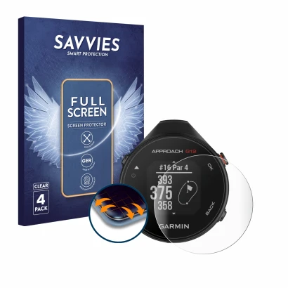 Vorderseite einer Produktverpackung mit dem Markenlogo Savvies. Daneben ist das Gerät Garmin Approach G12 mit dem zugehörigen 
