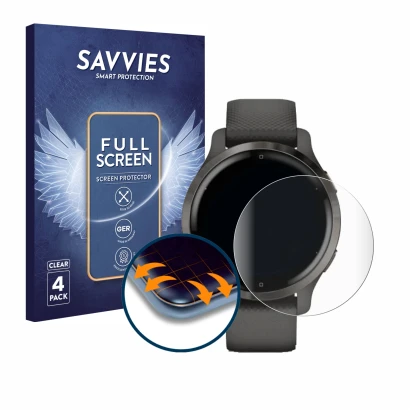 Vorderseite einer Produktverpackung mit dem Markenlogo Savvies. Daneben ist das Gerät Garmin Venu 2S mit dem zugehörigen Displ