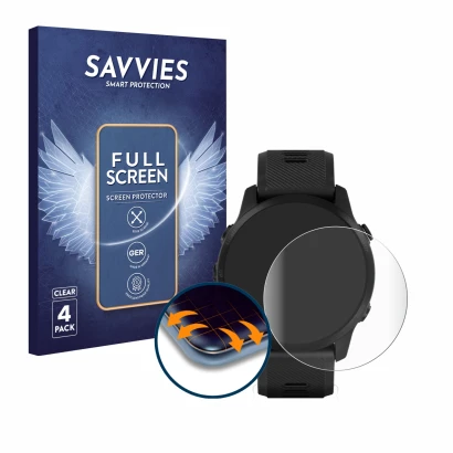Vorderseite einer Produktverpackung mit dem Markenlogo Savvies. Daneben ist das Gerät Garmin Forerunner 945 LTE mit dem zugehö