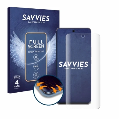 Vorderseite einer Produktverpackung mit dem Markenlogo Savvies. Daneben ist das Gerät Honor 50 mit dem zugehörigen Displayschu