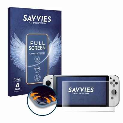 Vorderseite einer Produktverpackung mit dem Markenlogo Savvies. Daneben ist das Gerät Nintendo Switch OLED-Modell mit dem zuge