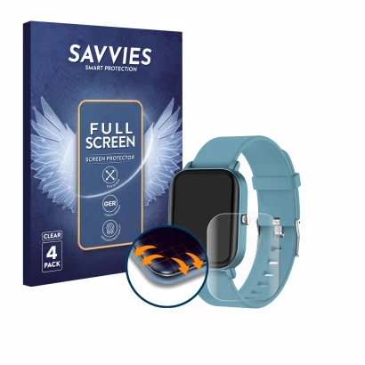 Vorderseite einer Produktverpackung mit dem Markenlogo Savvies. Daneben ist das Gerät Pubu Smartwatch mit dem zugehörigen Disp