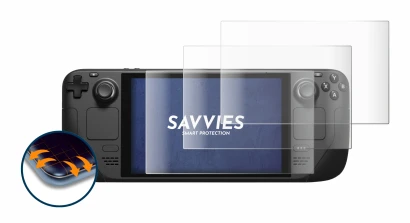 Abbildung des Geräts Valve Steam Deck mit einer Vielzahl des Displayschutzes.