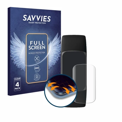 Vorderseite einer Produktverpackung mit dem Markenlogo Savvies. Daneben ist das Gerät Fitbit Charge 5 mit dem zugehörigen Disp