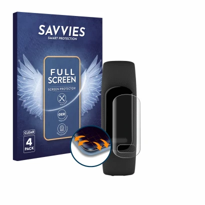 Vorderseite einer Produktverpackung mit dem Markenlogo Savvies. Daneben ist das Gerät Garmin Vivosmart 5 mit dem zugehörigen D