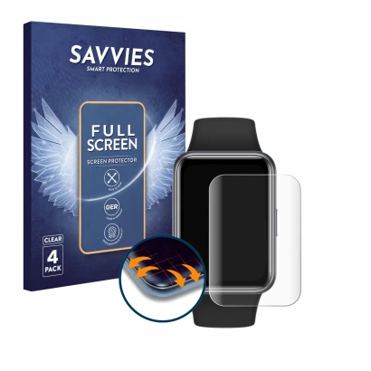 Vorderseite einer Produktverpackung mit dem Markenlogo Savvies. Daneben ist das Gerät Huawei Watch Fit 2 mit dem zugehörigen D