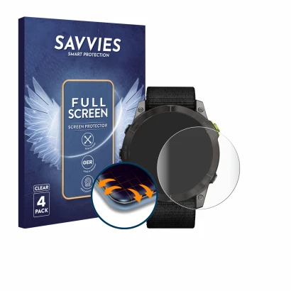 Vorderseite einer Produktverpackung mit dem Markenlogo Savvies. Daneben ist das Gerät Garmin Enduro 2 mit dem zugehörigen Disp