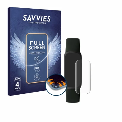 Vorderseite einer Produktverpackung mit dem Markenlogo Savvies. Daneben ist das Gerät Fitbit Inspire 3 mit dem zugehörigen Dis