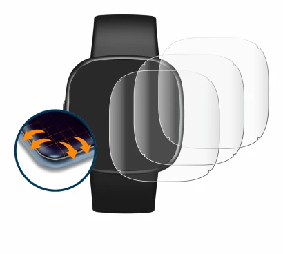 Abbildung des Geräts Fitbit Versa 4 mit einer Vielzahl des Displayschutzes.