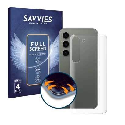 Vorderseite einer Produktverpackung mit dem Markenlogo Savvies. Daneben ist das Gerät Samsung Galaxy S23 (Rückseite) mit dem z