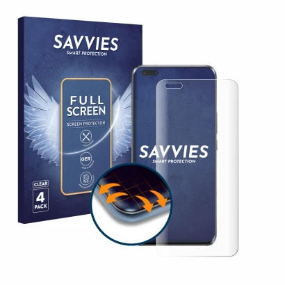 Vorderseite einer Produktverpackung mit dem Markenlogo Savvies. Daneben ist das Gerät Honor Magic 5 Pro mit dem zugehörigen Di