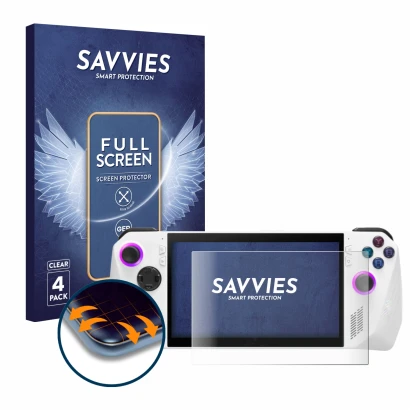 Vorderseite einer Produktverpackung mit dem Markenlogo Savvies. Daneben ist das Gerät ASUS ROG Ally (2023) RC71L mit dem zugeh