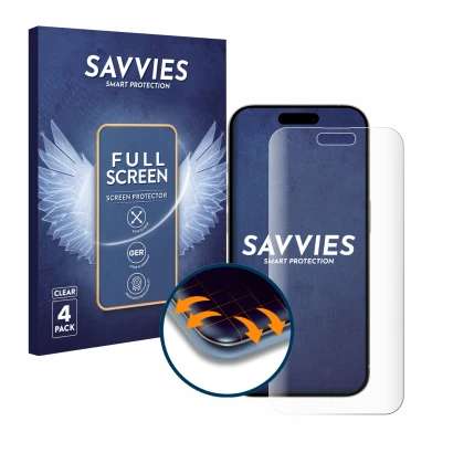 Vorderseite einer Produktverpackung mit dem Markenlogo Savvies. Daneben ist das Gerät Apple iPhone 15 Pro Max mit dem zugehöri